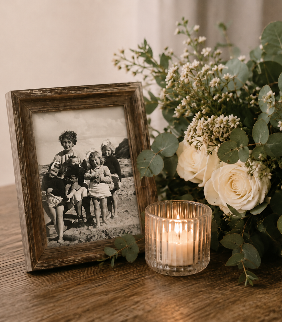 “Memorial display with a vintage family photograph in a wooden frame, candle and white flowers on a wooden table.