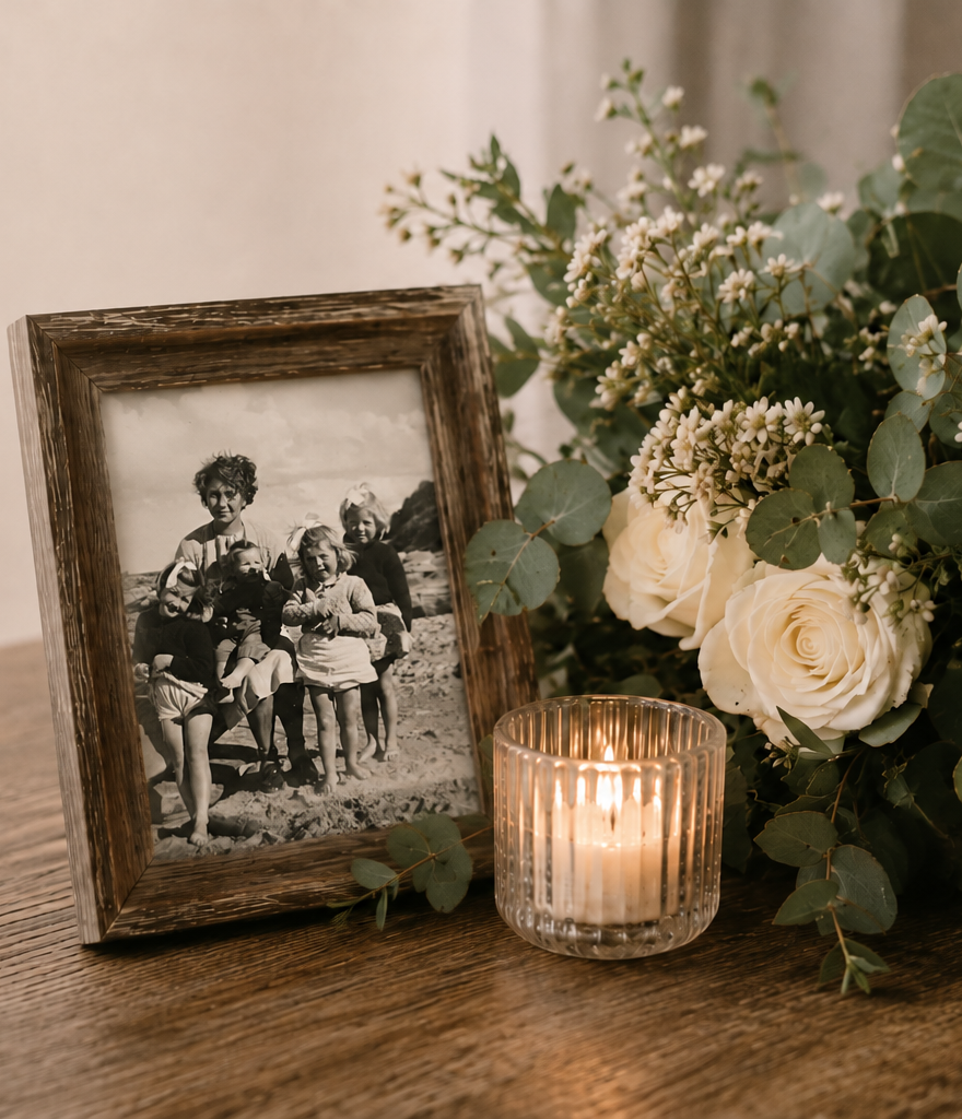 ChatGPT Image Aug 7, 2026, 09_21_32 PM “Memorial display with a vintage family photograph in a wooden frame, candle and white flowers on a wooden table.